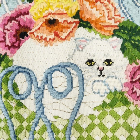 Vintage Needlepoint Cat & Flowers Framed Artwork Embroidered Picture Pastel BOHO